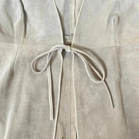 ANJA FLINT Leather Suede Size L Duster Cardigan Tie Up Khaki Neutral Lagenlook - Picture 6 of 13